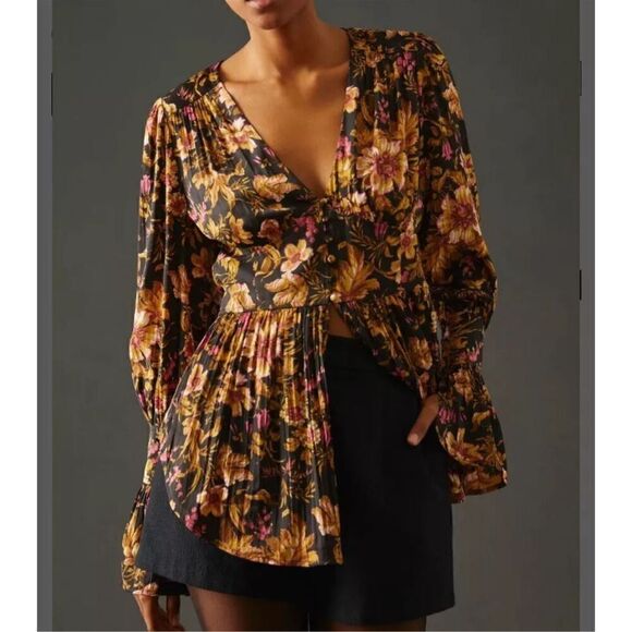 Anthropologie Deep-V Tunic Floral Black Motif Blouse Top Button Corset Peplum S - Picture 2 of 12